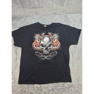 Gildan Heavy Cotton Mens XL Black Graphic Tee Skull and Dragons Short SS T-Shirt